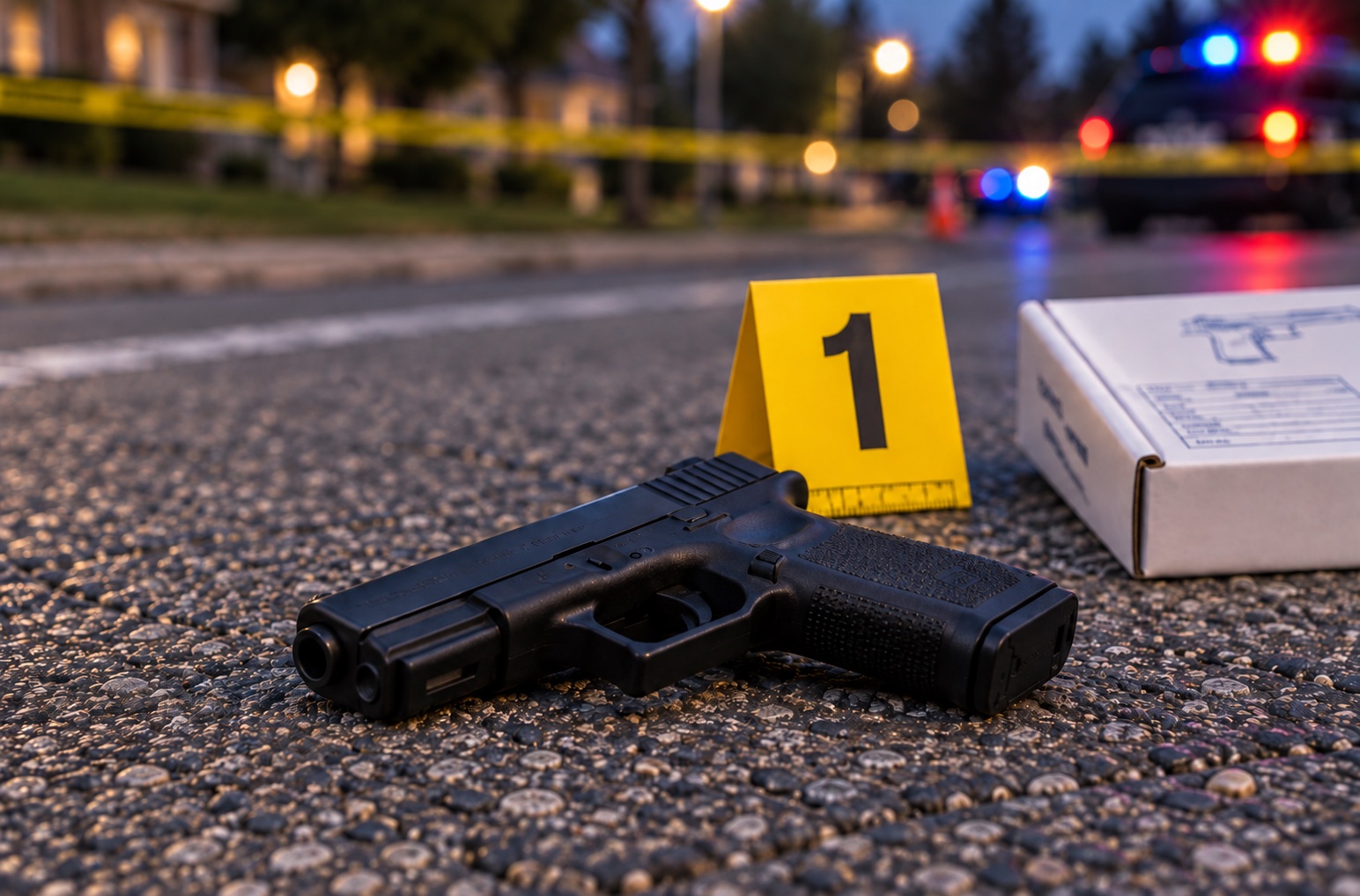 Close-up evidence image of the 9 mm handgun beside marker 1