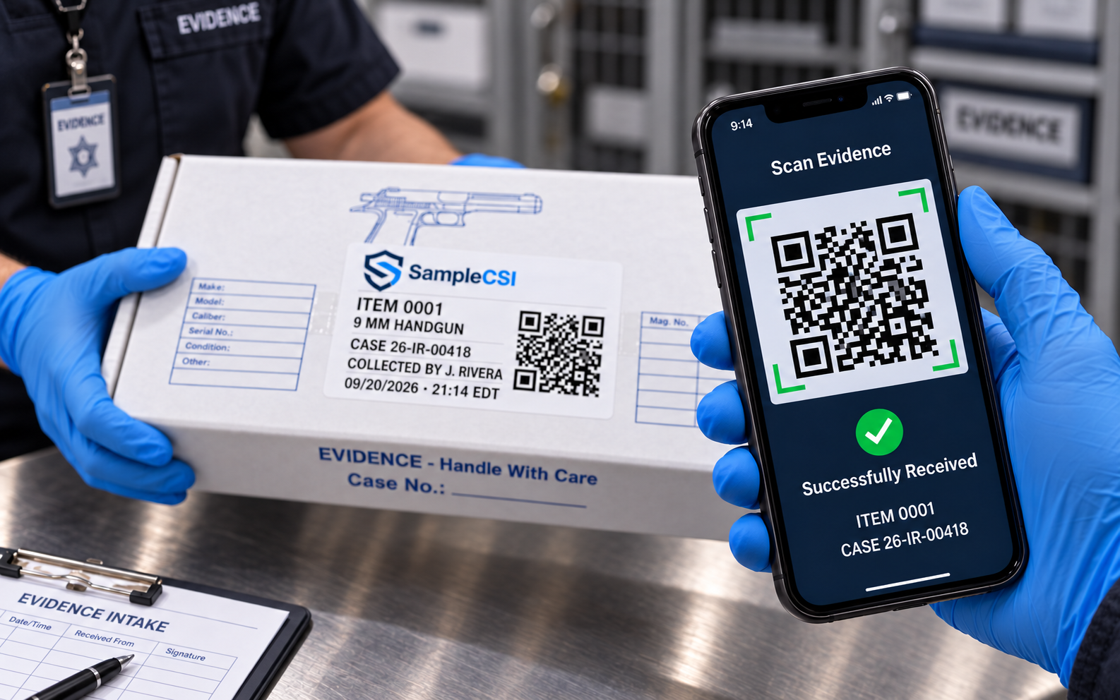 A prominent phone confirms item 0001 was successfully received while one evidence technician hands the sealed firearm box to another