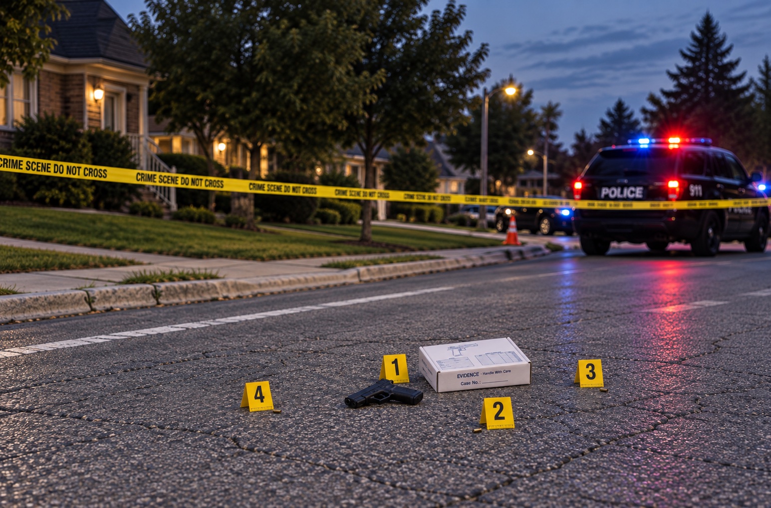 Distant evidence image of the roadway scene, marker 1, and the 9 mm handgun