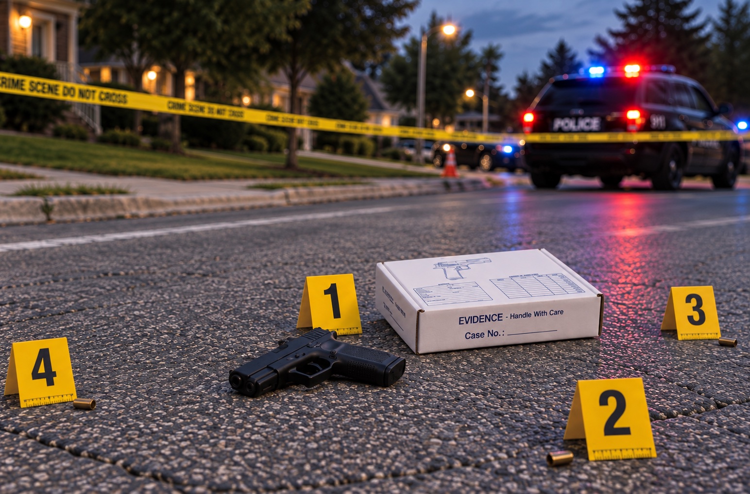 Mid-range evidence image of the 9 mm handgun, marker 1, and firearm box