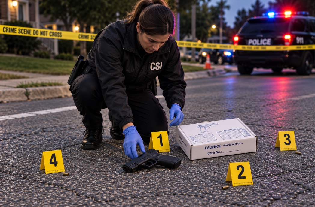 Crime scene investigator documenting a 9 mm handgun beside evidence marker 1 and a firearm evidence box on a residential street